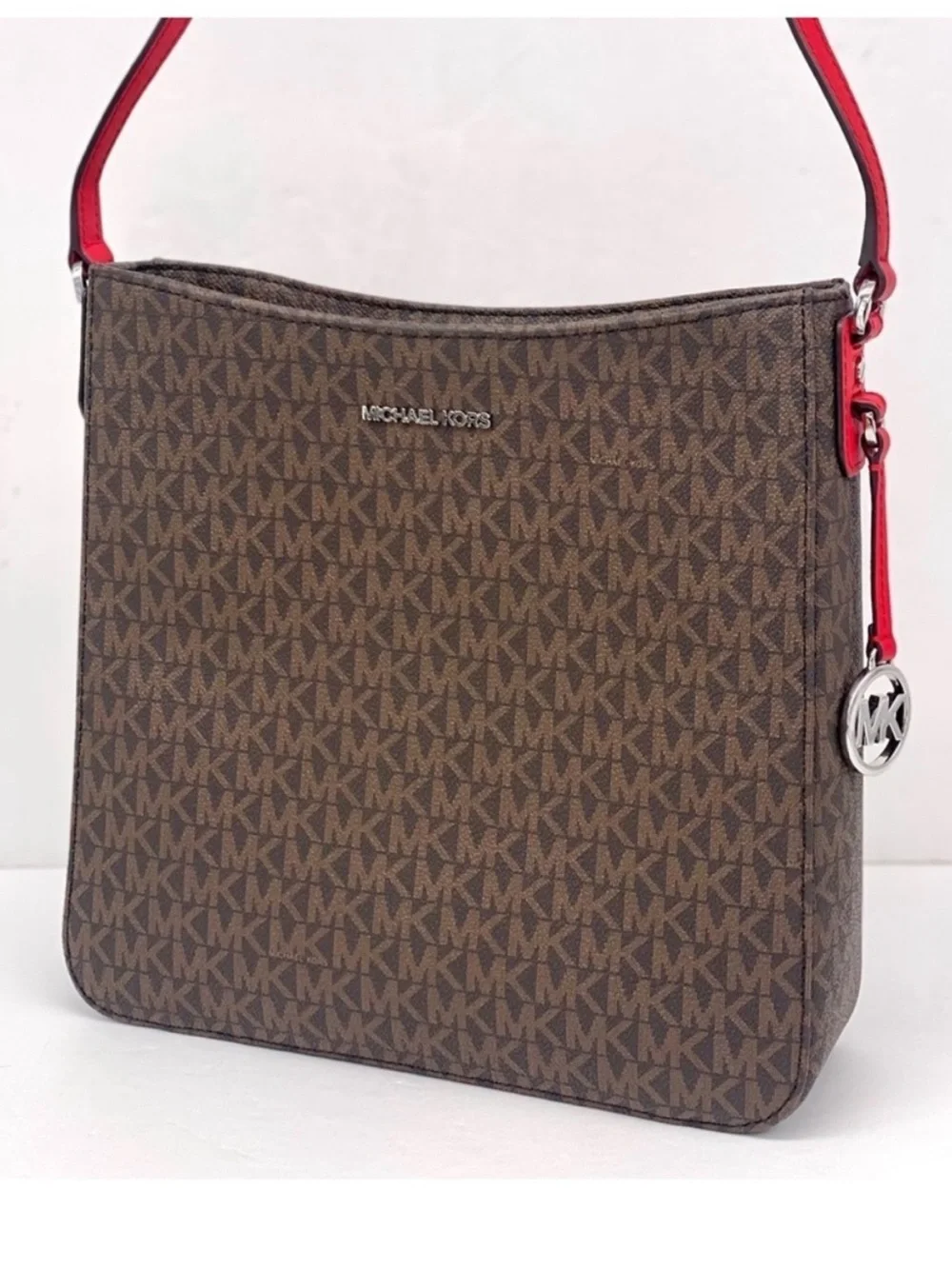 Michael Kors Brown Monogram Messenger Crossbody Bag with Red Strap